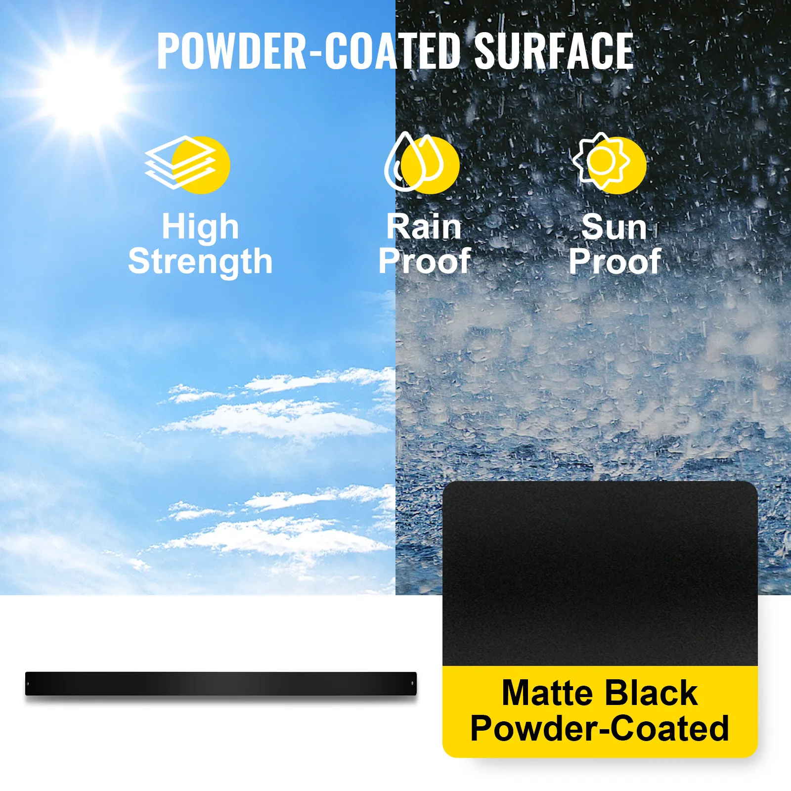 VEVOR deck balusters with powder-coated surface, rain and sun proof, high strength.