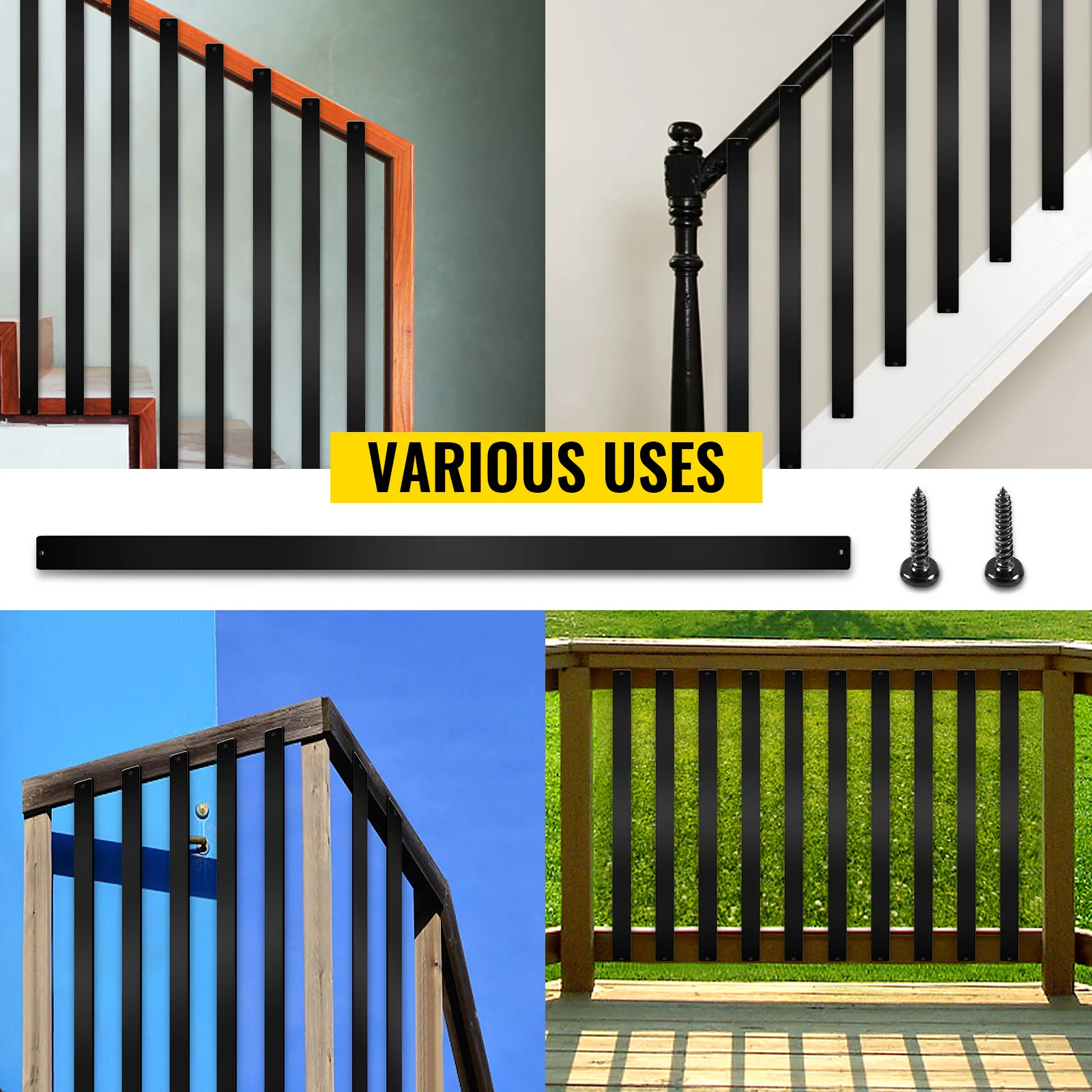 VEVOR deck balusters in black, shown in various fence and railing applications.