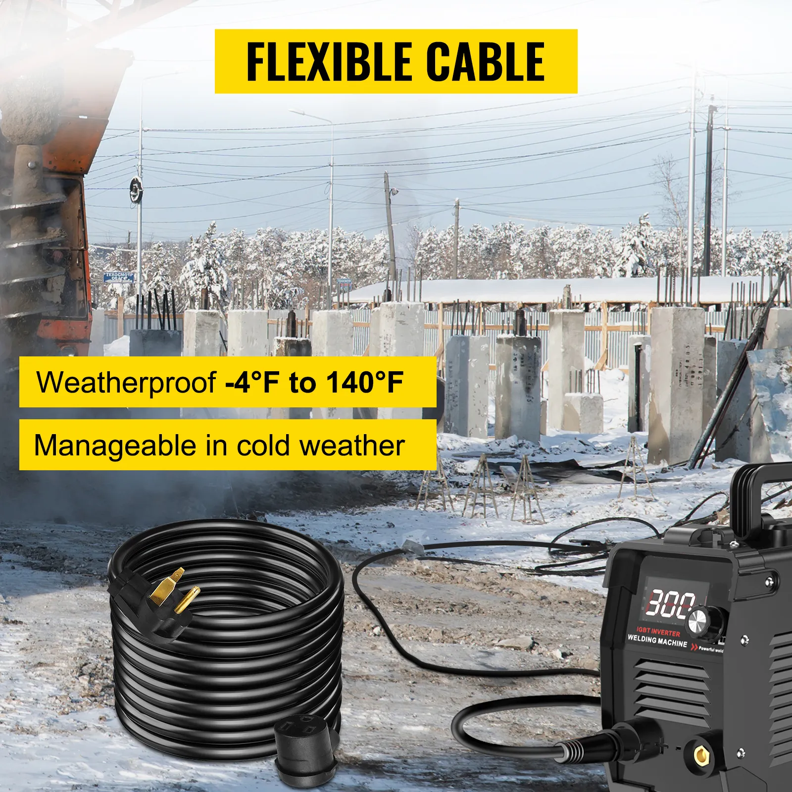 Cable de extensión para soldador VEVOR en sitio de construcción nevado, cable flexible y resistente a la intemperie.