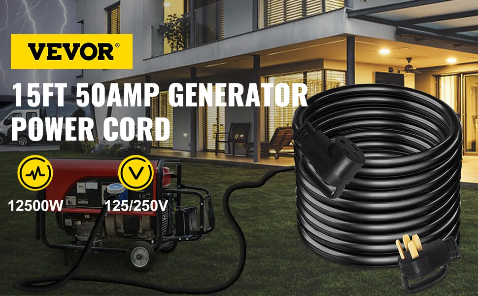 Cable de extensión para RV VEVOR de 15 pies y 50 amperios para generador, 12 500 W, 125/250 V