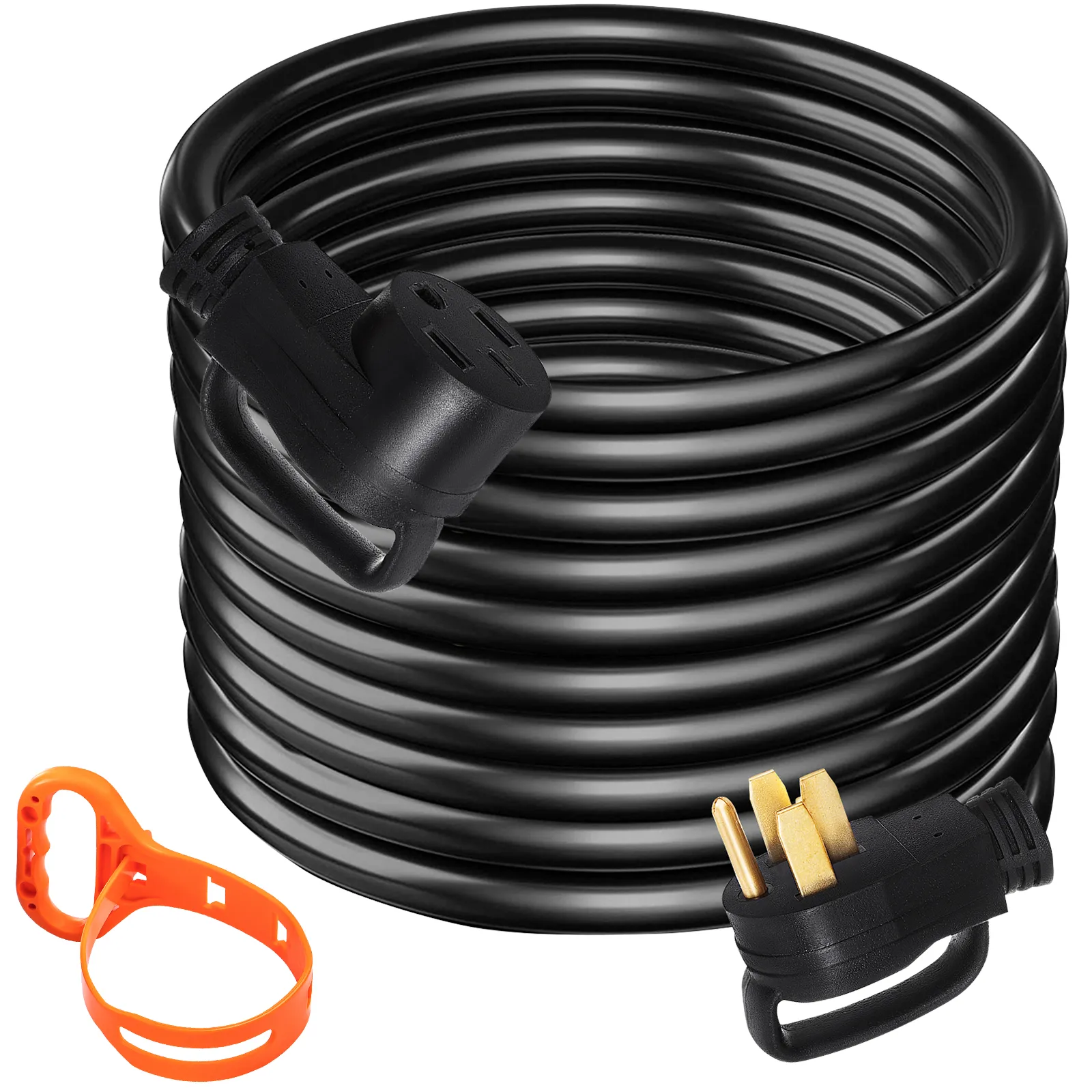 Cable de extensión VEVOR RV con cable negro resistente y asa de almacenamiento naranja.