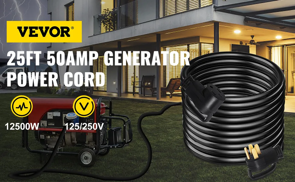 Cable de extensión para RV VEVOR: cable de alimentación para generador de 25 pies y 50 amperios con 12 500 W, 125/250 V