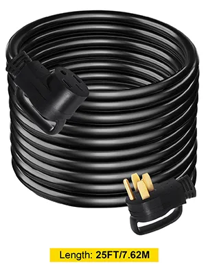 Cable de extensión para RV VEVOR de 25 pies con cable enrollado negro y etiqueta de enchufe amarilla.