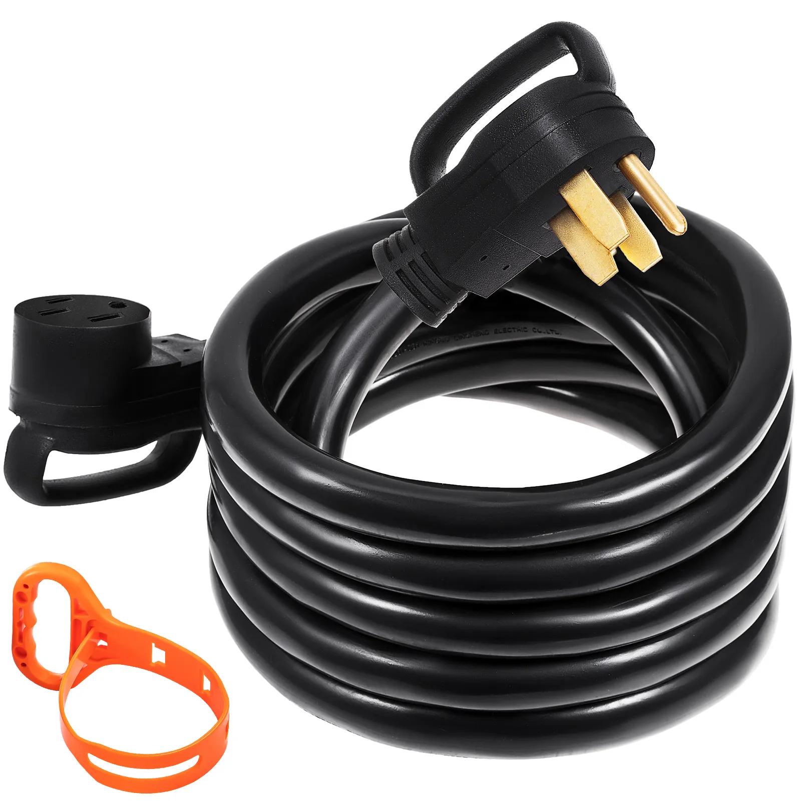 Cable de extensión para vehículos recreativos VEVOR en color negro, enrollado, con correa naranja y conectores.