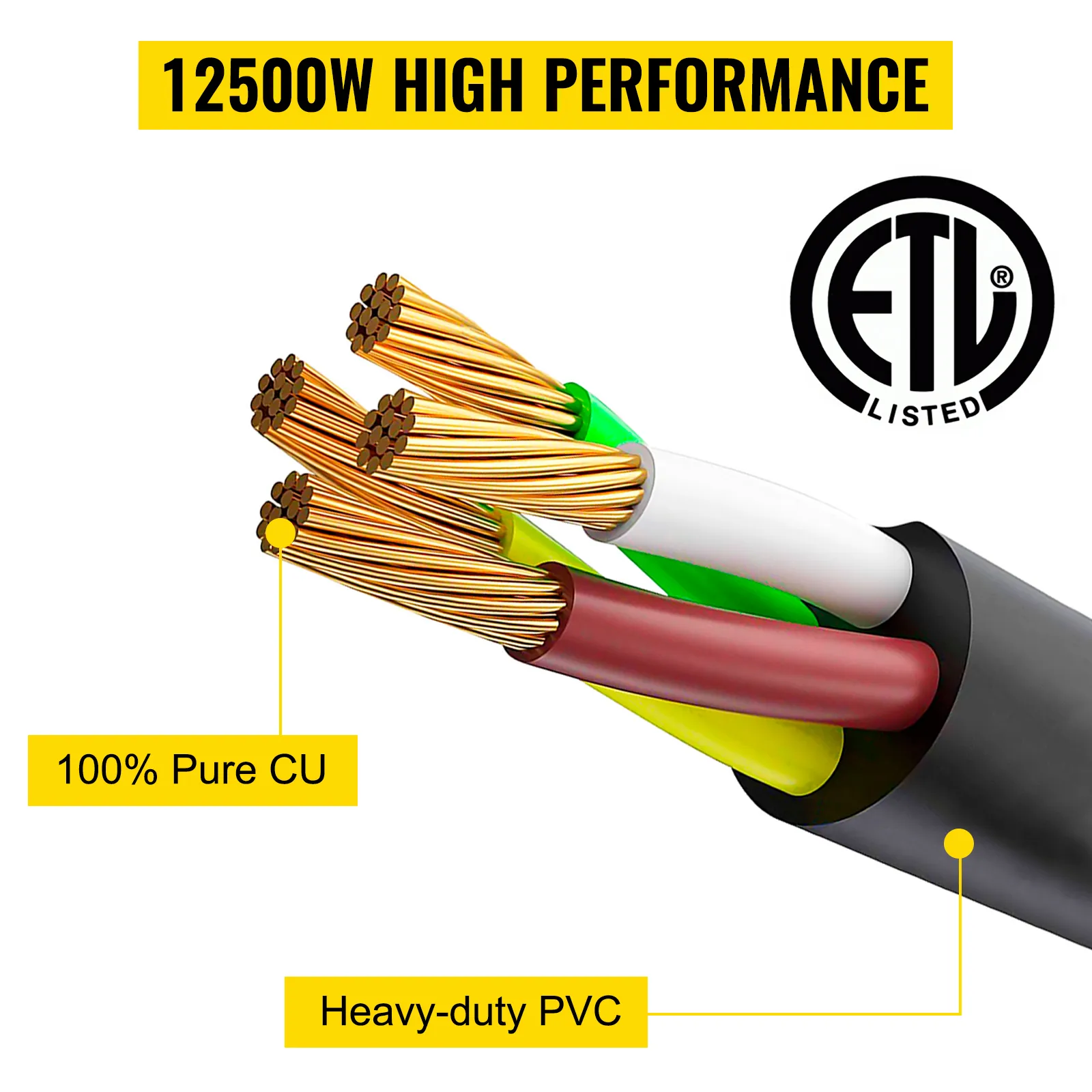 Cable de extensión VEVOR rv con alto rendimiento de 12500w, 100% cobre puro y PVC resistente.