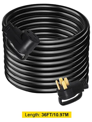 Cable de extensión VEVOR RV, 36 pies, negro, enrollado con enchufes visibles.