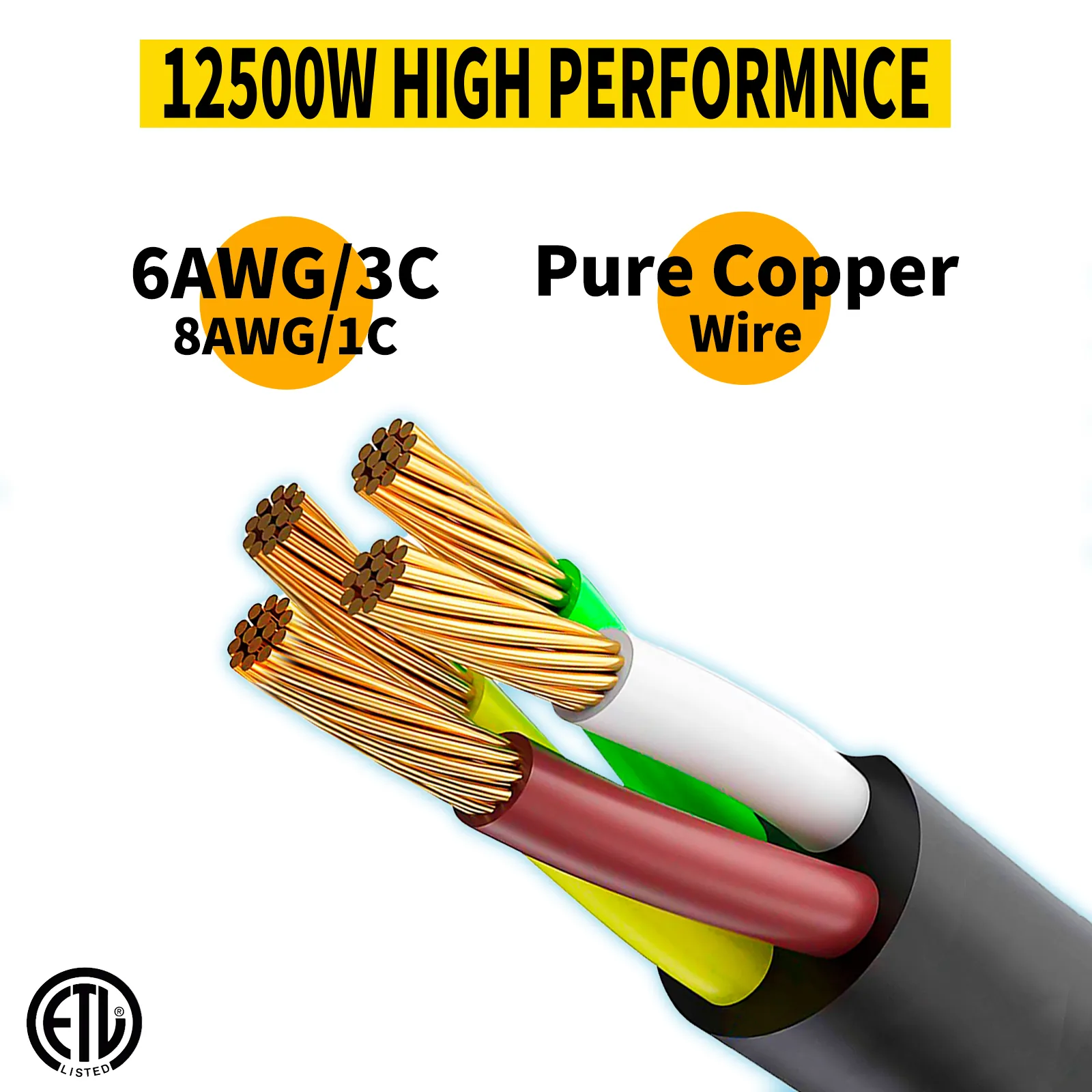 Cable de extensión VEVOR rv, 12500w, 6awg/3c, 8awg/1c, cable de cobre puro.