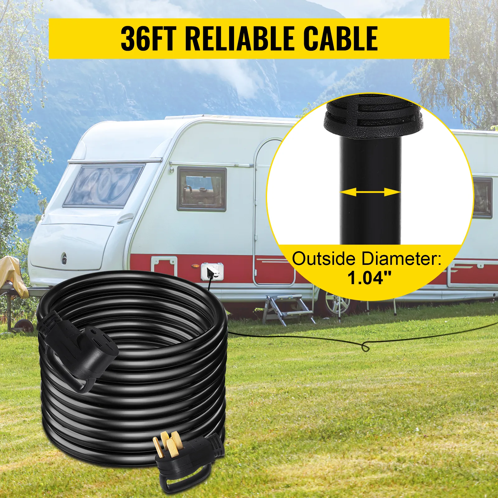 Cable de extensión para RV VEVOR de 36 pies enrollado frente a un RV blanco en una zona montañosa pintoresca.