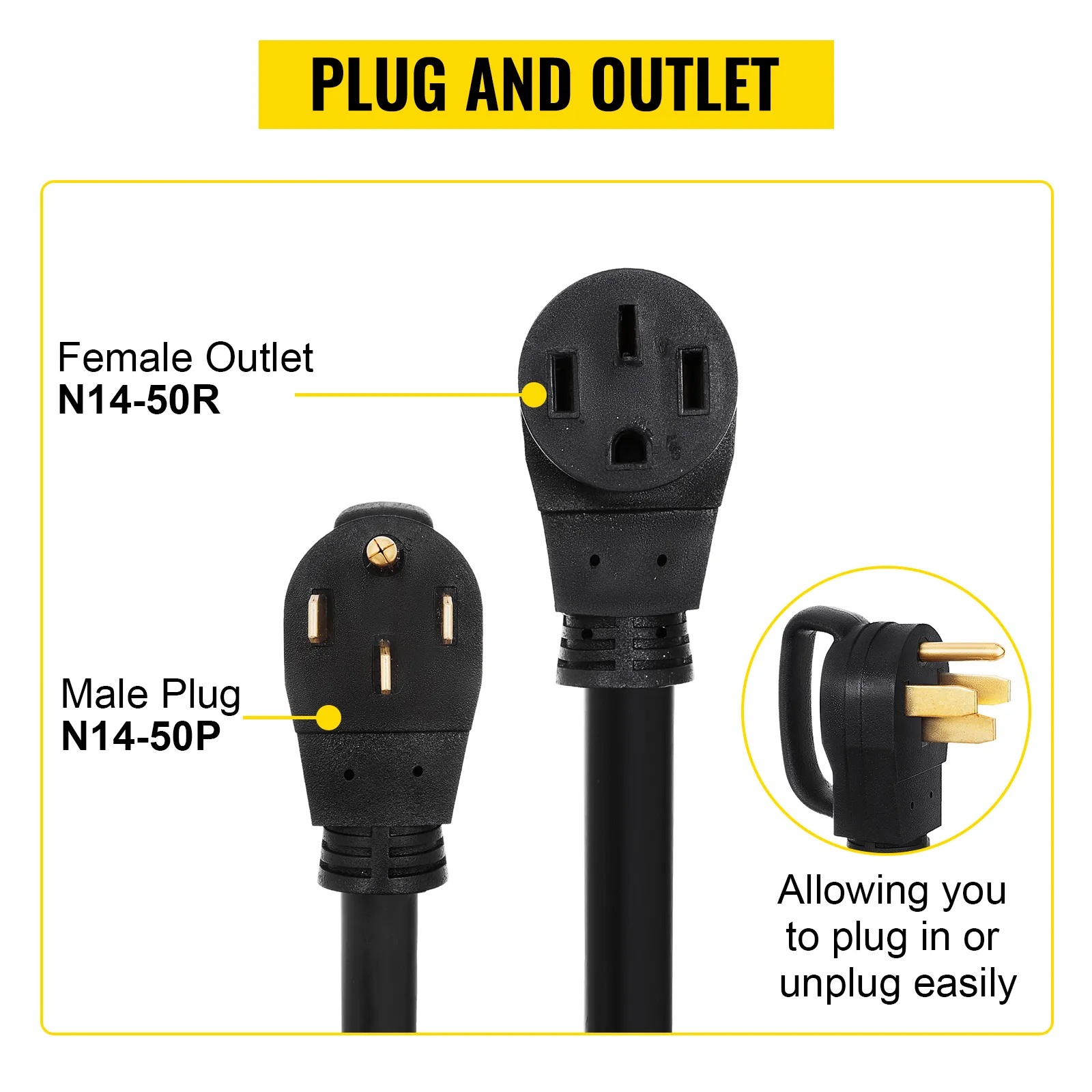 Cable de extensión VEVOR rv que muestra una salida hembra n14-50r y un enchufe macho n14-50p.