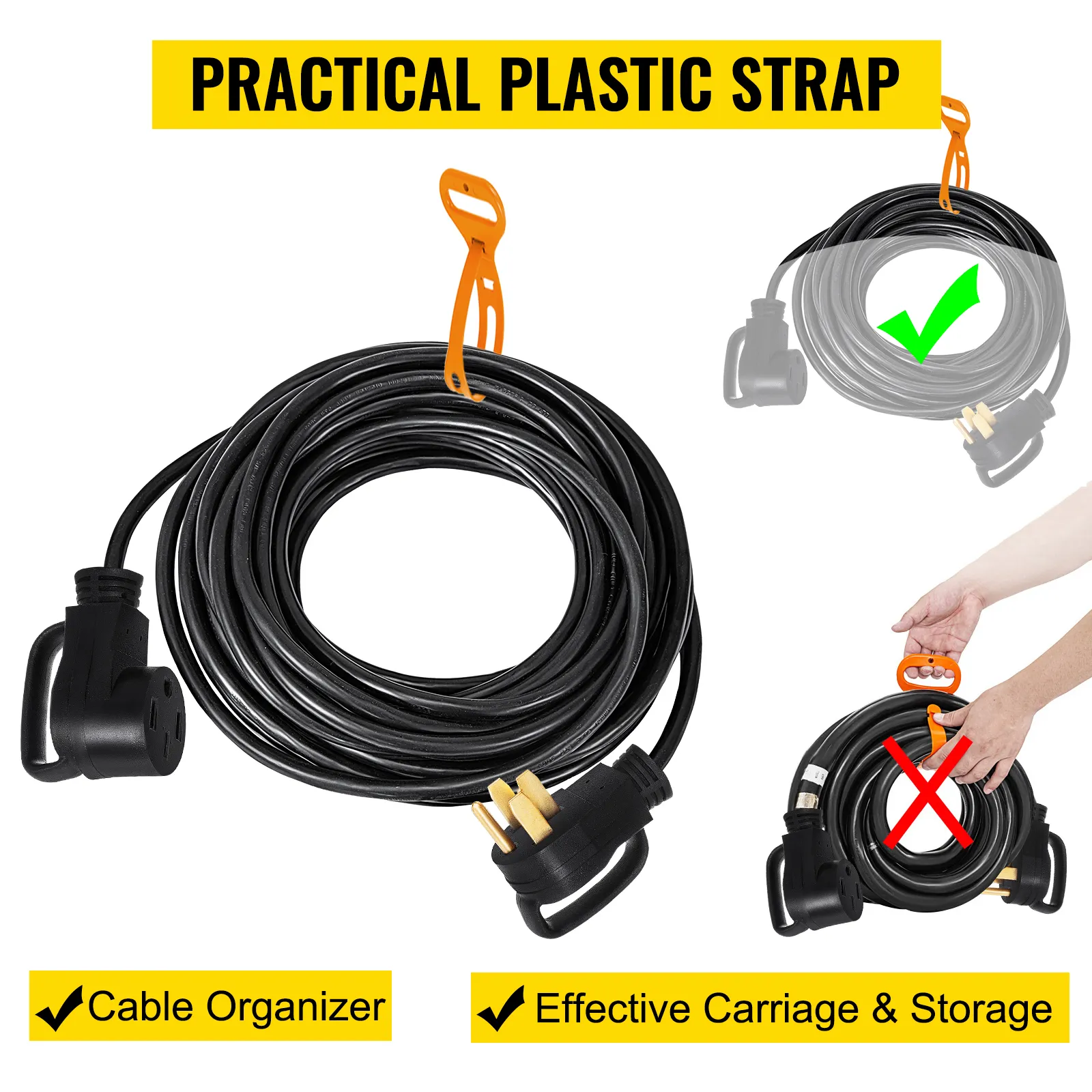 Cable de extensión VEVOR rv con correa de plástico para organizar y almacenar cables.