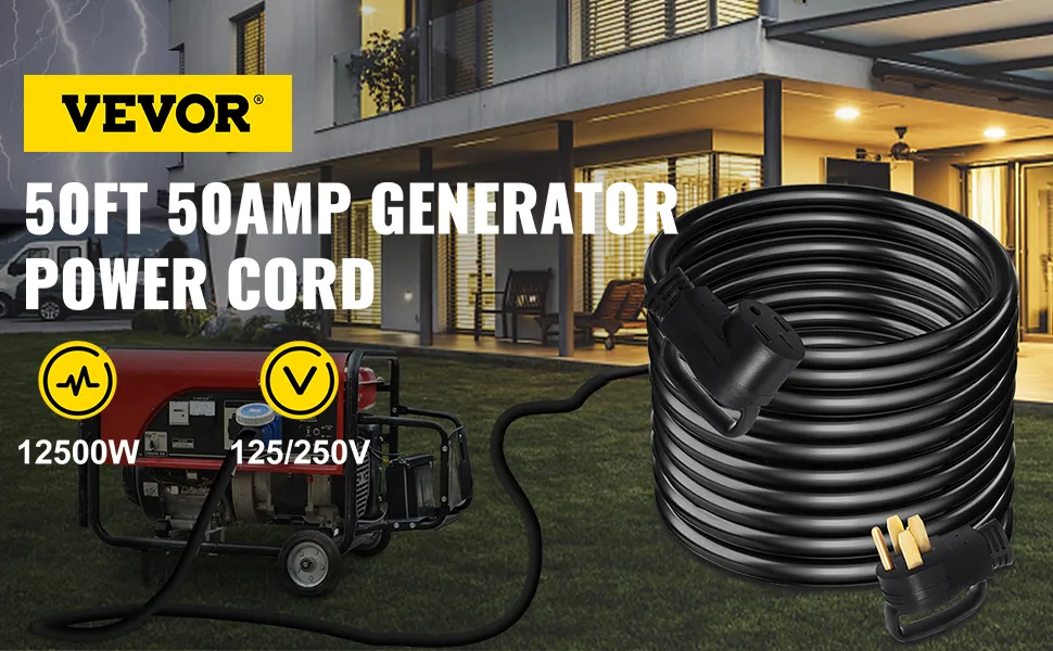 Cable de extensión para RV VEVOR de 50 pies, 50 amperios, 12 500 W, 125/250 V, enrollado con generador de fondo