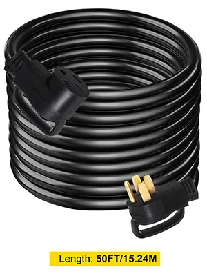 Cable de extensión para RV VEVOR, 50 pies, negro, 30 amperios, con enchufe amarillo de tres clavijas