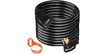 Cable de extensión VEVOR RV enrollado con correa de transporte naranja y conectores de enchufe.