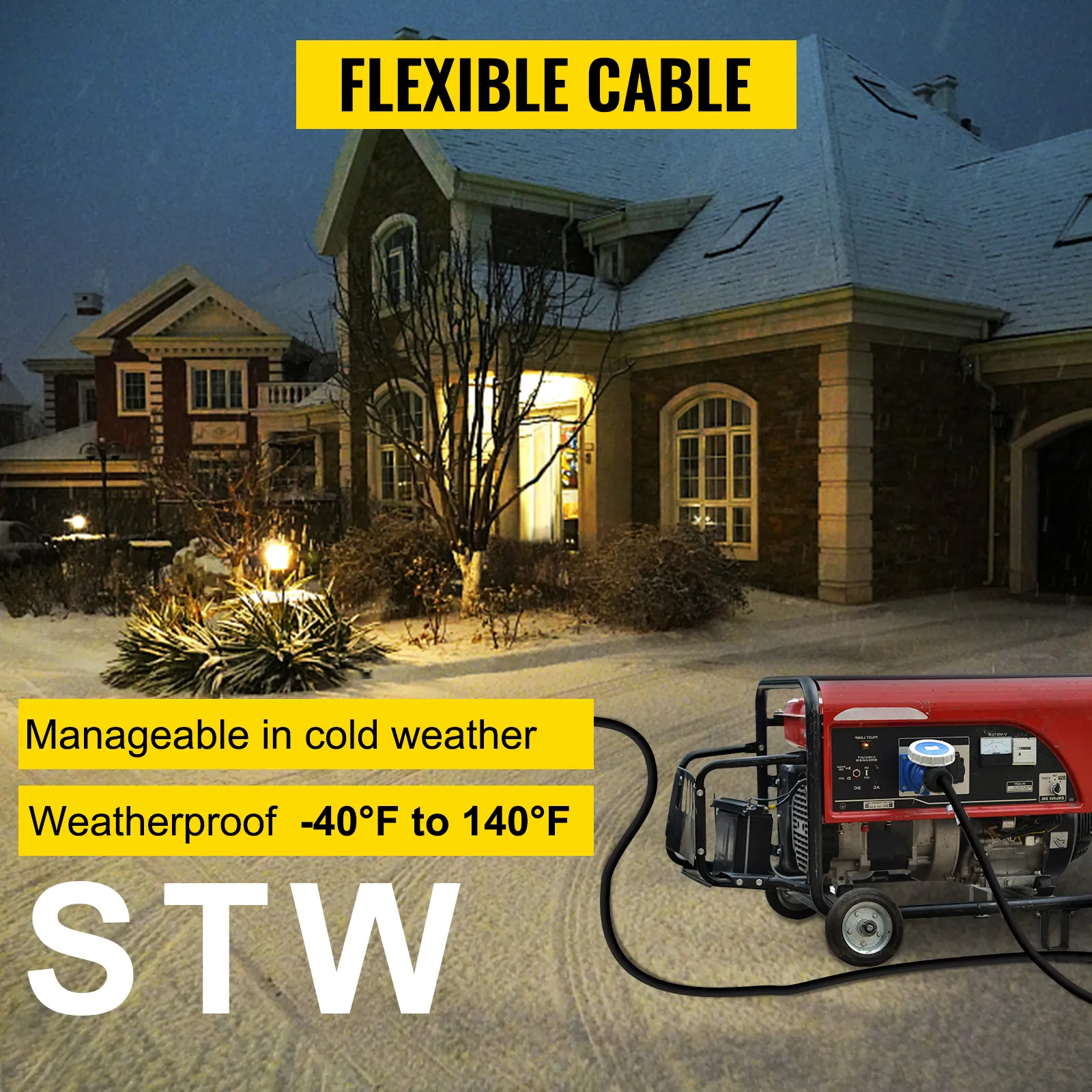 Cable de extensión VEVOR rv, flexible y resistente a la intemperie, conectado a un generador en la nieve.