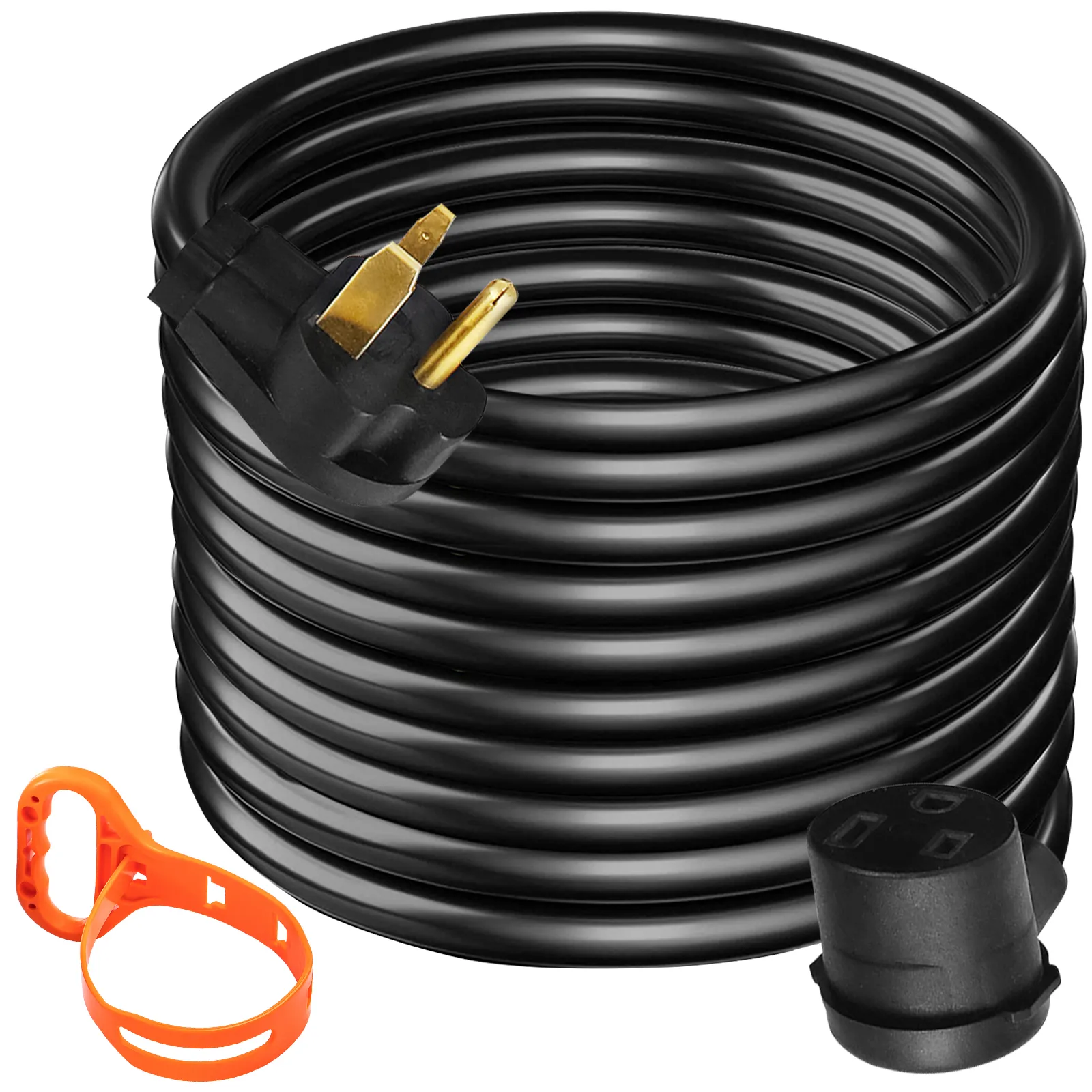 Cable de extensión para soldador VEVOR enrollado con enchufe, soporte naranja y conector negro.
