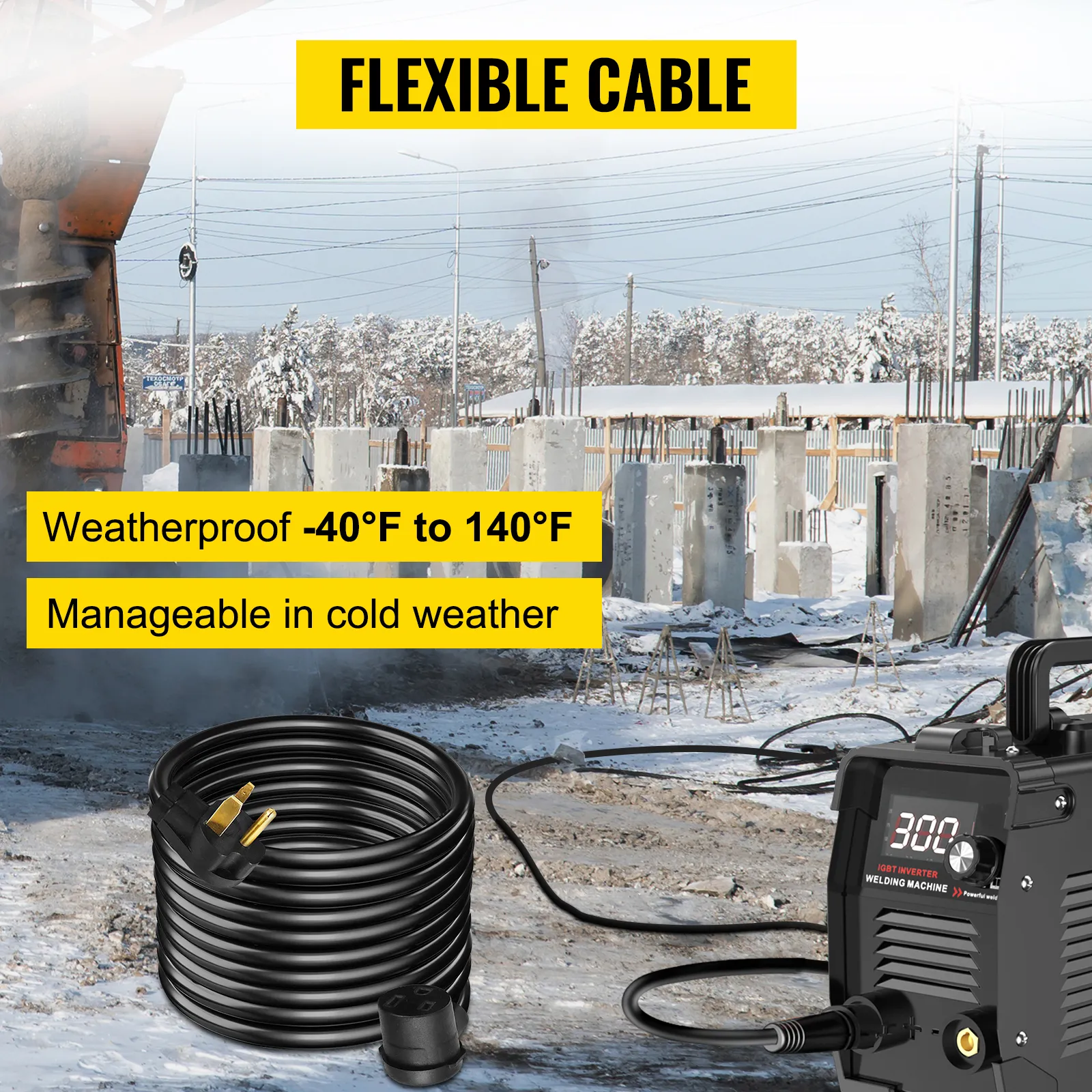Cable de extensión para soldador VEVOR, flexible y resistente a la intemperie desde -40 °F hasta 140 °F en sitios con nieve.