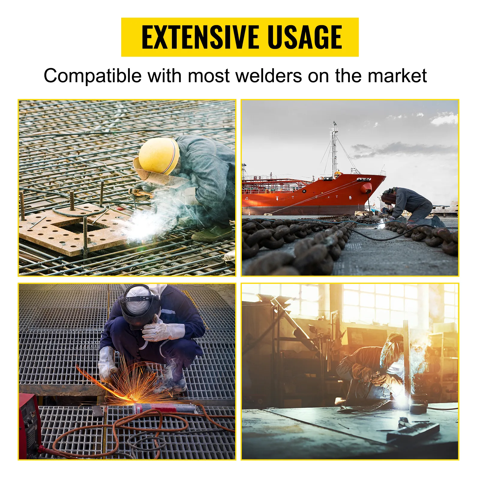 Trabajadores que sueldan en diferentes entornos mostrando el cable de extensión del soldador VEVOR.