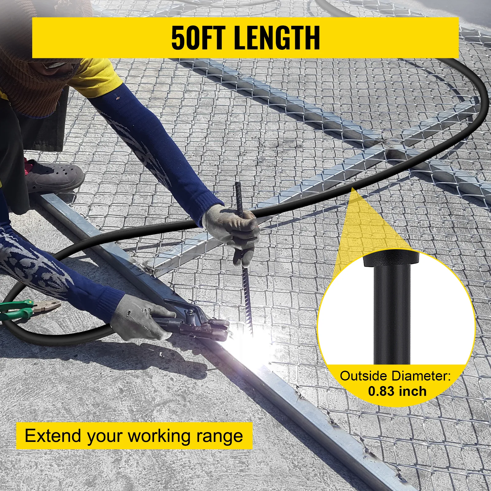 Soldador que utiliza cable de extensión para soldador VEVOR, de 50 pies de largo y 0,83 pulgadas de diámetro.