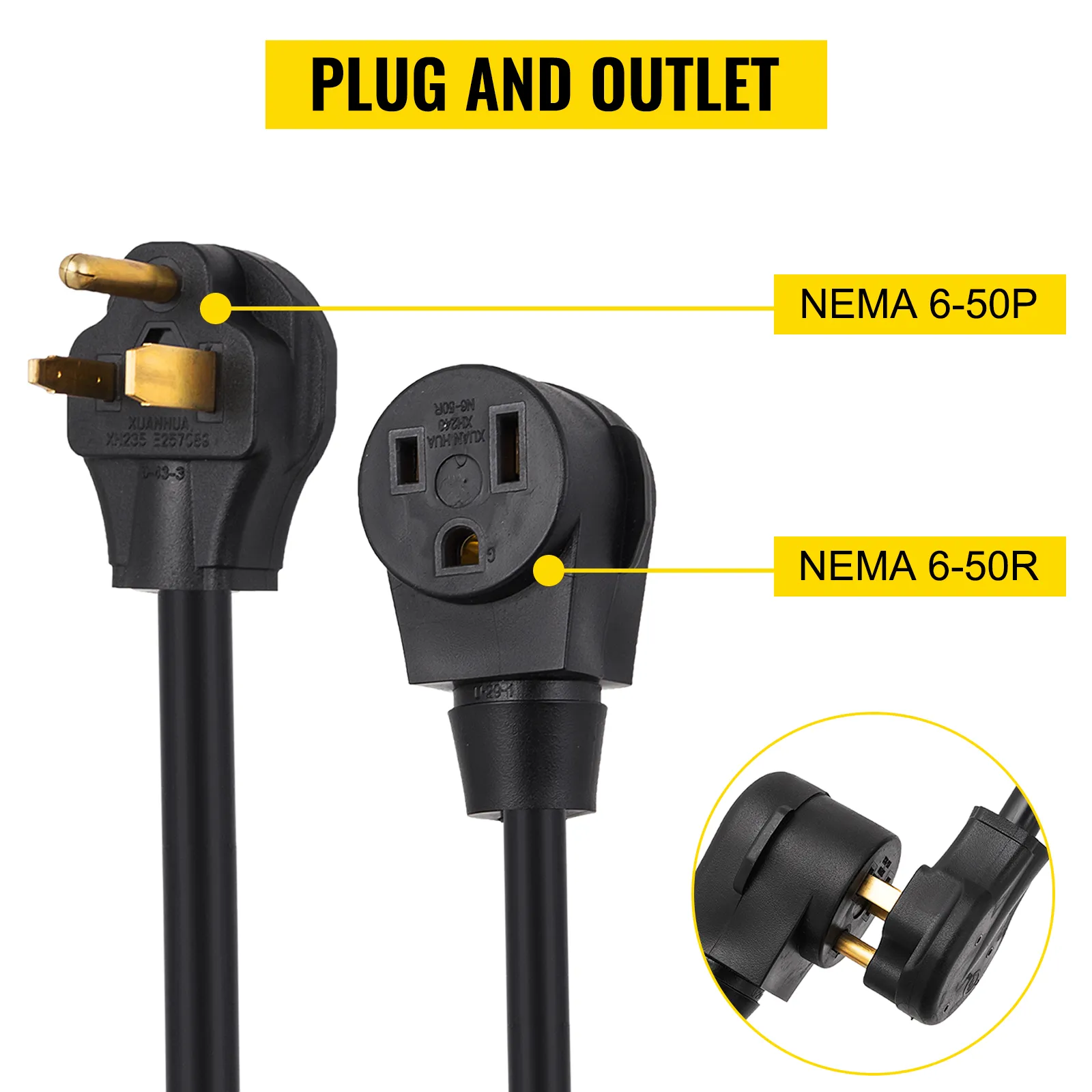 Cable de extensión para soldador VEVOR con conectores NEMA 6-50P y NEMA 6-50R, primer plano.