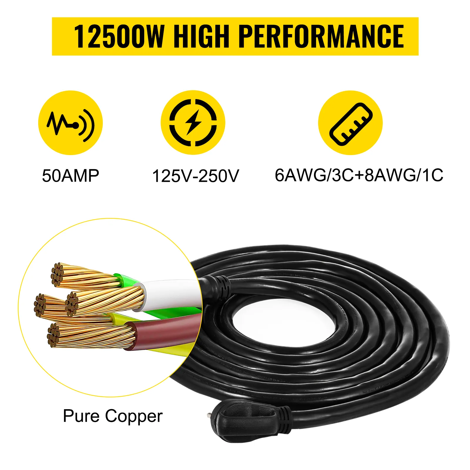 Cable de extensión de alimentación de costa para RV VEVOR, 12 500 W, 50 A, cobre puro, 125 V-250 V, 6 AWG/3 C.