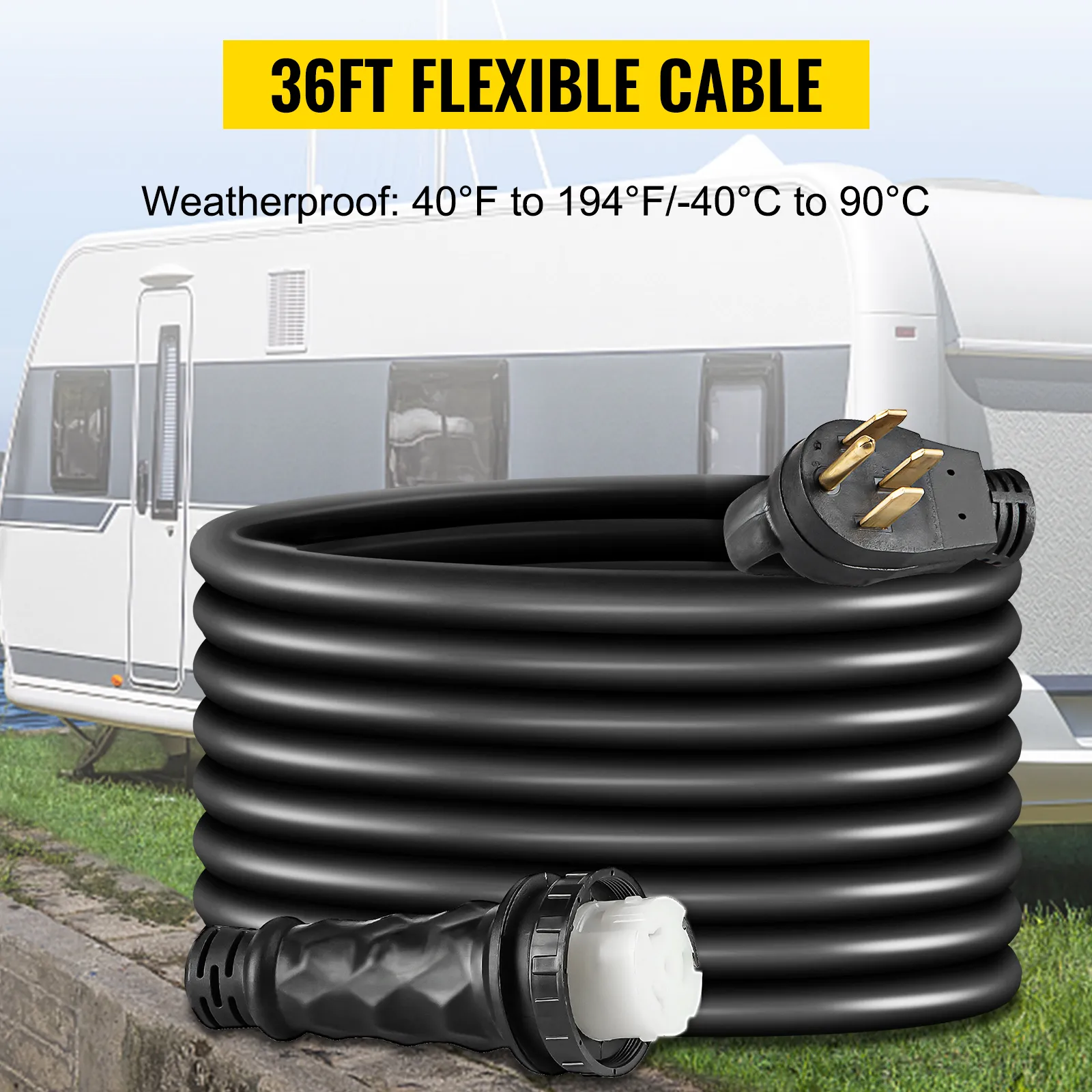 Cable de extensión de alimentación de costa para RV VEVOR enrollado, al lado de un RV blanco, flexible de 36 pies, resistente a la intemperie.