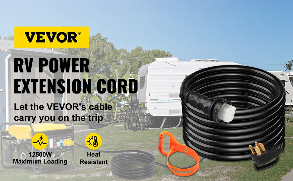 VEVOR 50ft 50 amp rv extension cord with 12500w max loading and heat resistance.