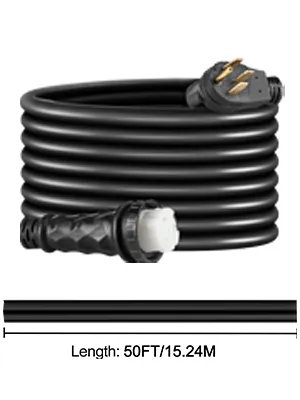 VEVOR 50ft 50 amp rv extension cord coiled with connector and plug. length: 50ft/15.24m