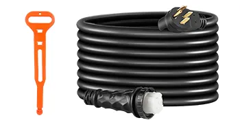 VEVOR 50ft 50 amp rv extension cord coiled with an orange handle beside it.