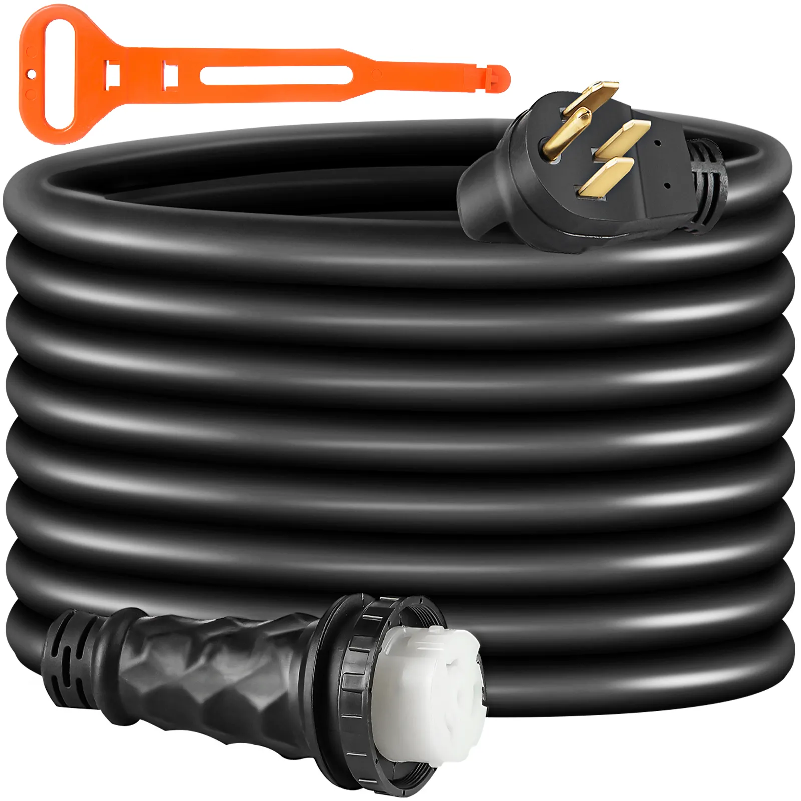 VEVOR 50ft 50 amp rv extension cord, black coil with plug and orange handle.