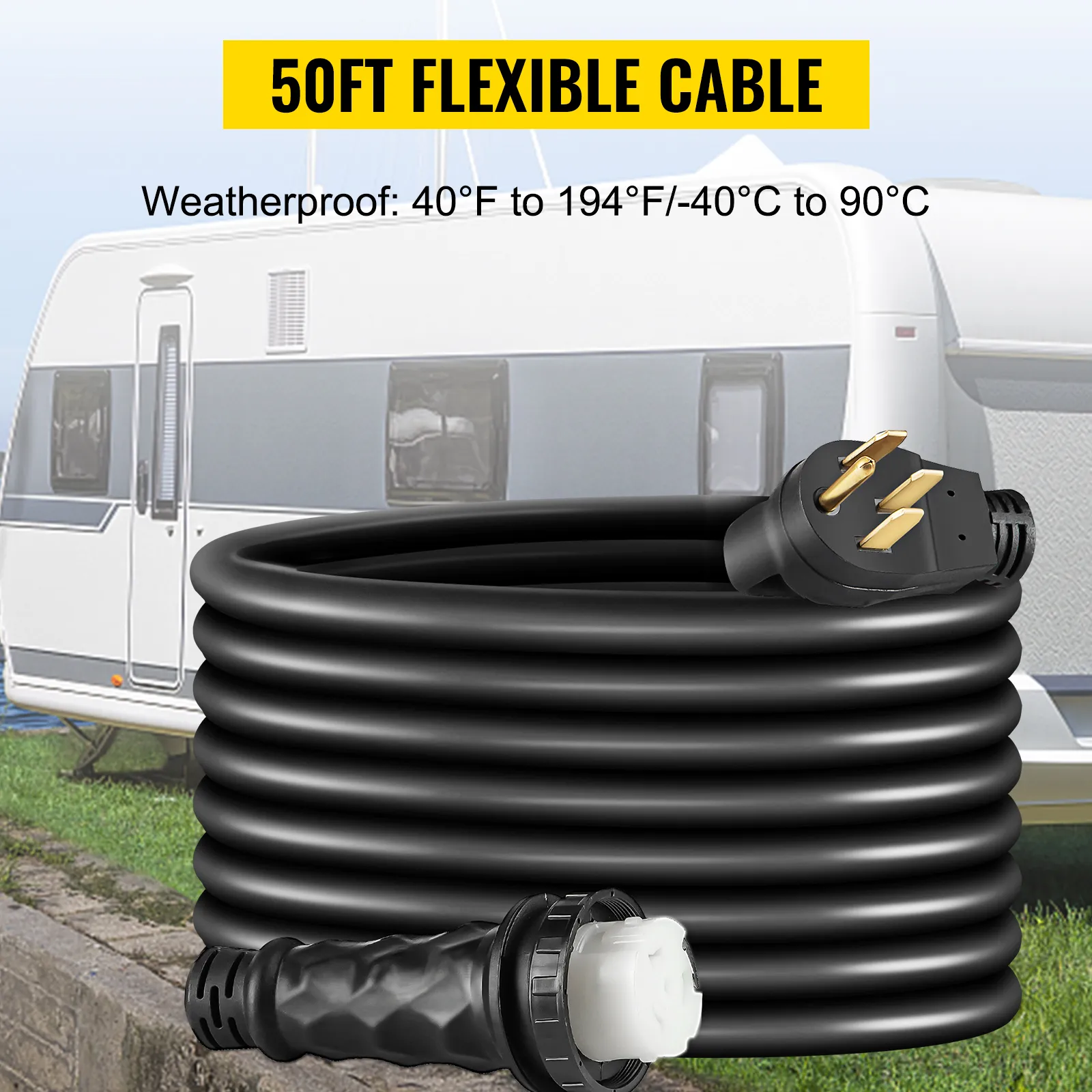 VEVOR 50ft 50 amp rv extension cord coiled, weatherproof, with rv in background.
