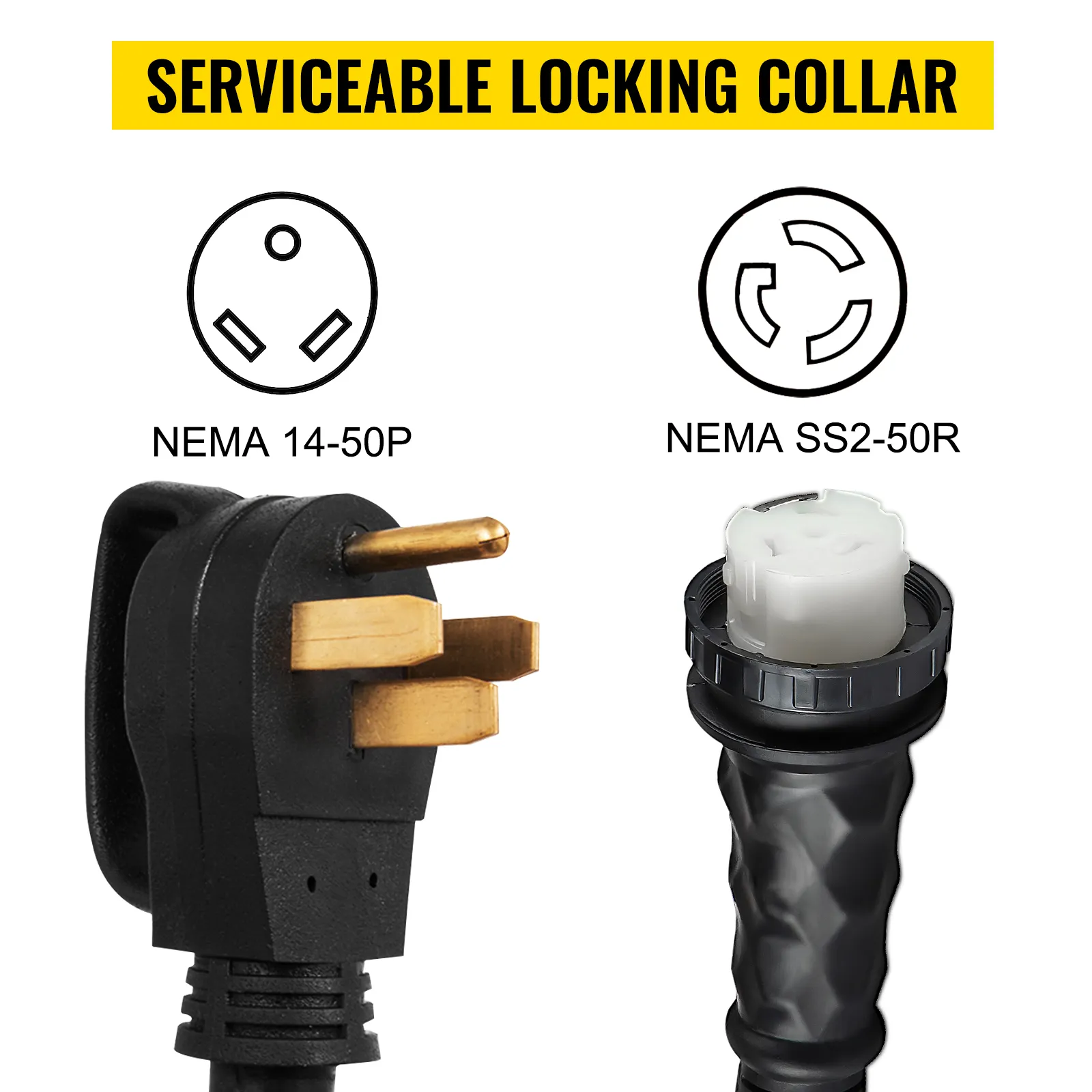 VEVOR 50ft 50 amp rv extension cord with nema 14-50p and nema ss2-50r connectors.
