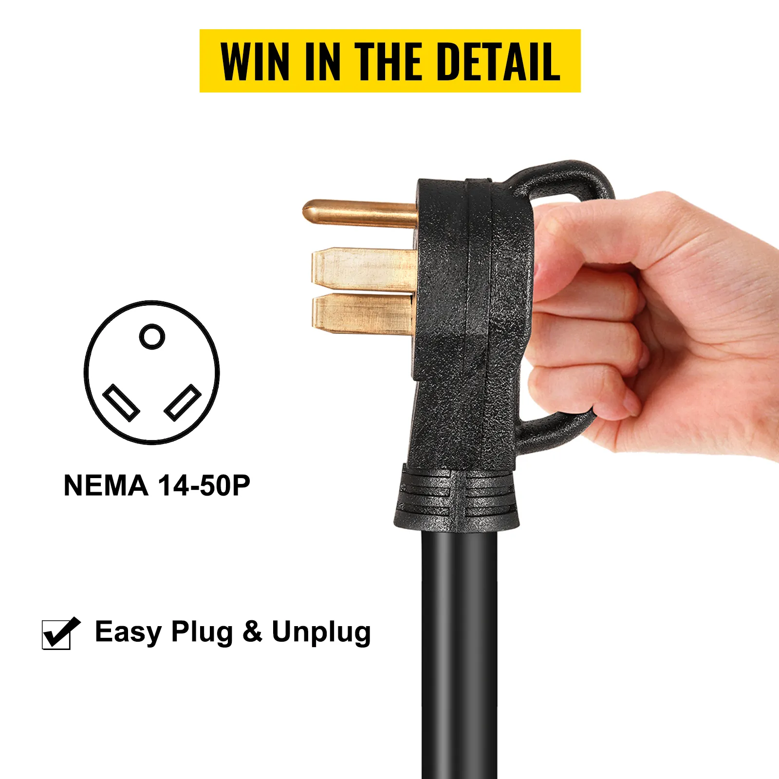 VEVOR 50ft 50 amp rv extension cord with nema 14-50p plug for easy plug and unplug.