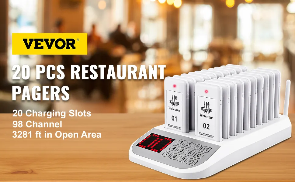 Sistema de buscapersonas para restaurantes VEVOR, 20 ranuras de carga, 98 canales, alcance de 3281 pies.