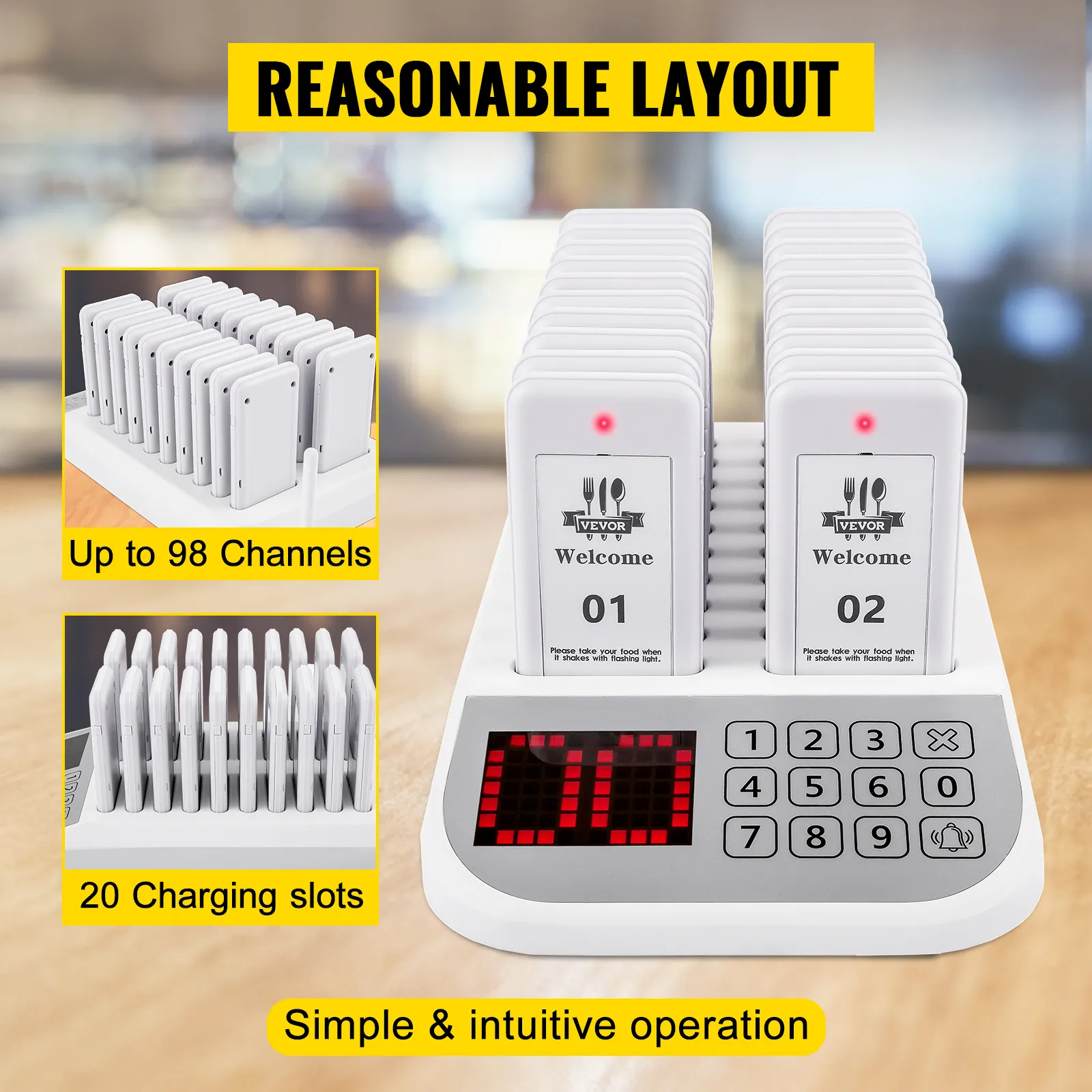 Sistema de buscapersonas para restaurantes VEVOR con 20 ranuras de carga, hasta 98 canales, operación simple.