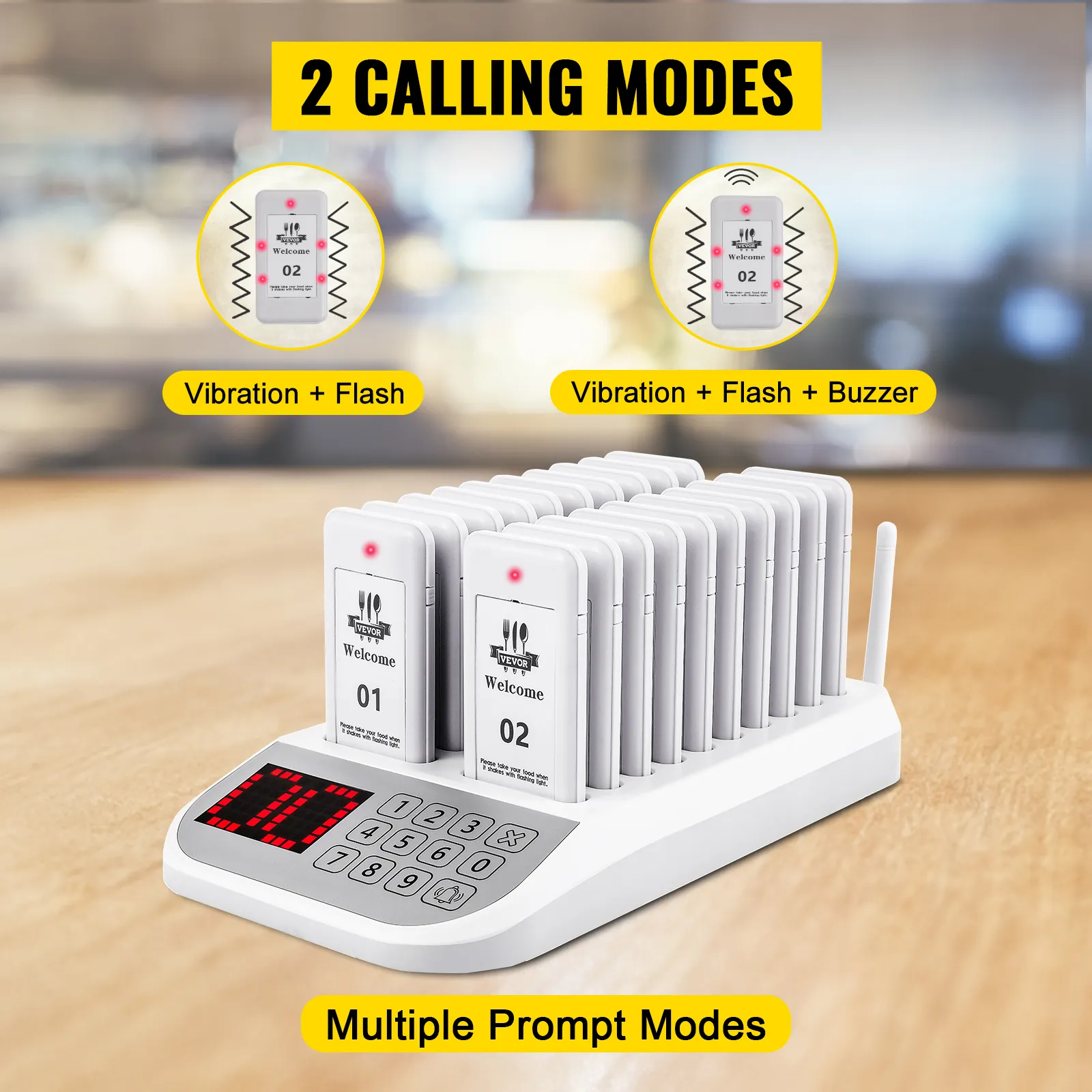 Sistema de buscapersonas para restaurantes VEVOR con modos de vibración, flash y zumbador.