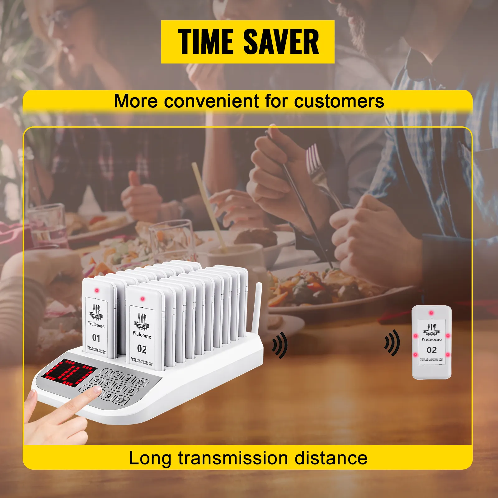 El sistema de buscapersonas para restaurantes VEVOR mejora la comodidad del cliente y presenta una larga distancia de transmisión.