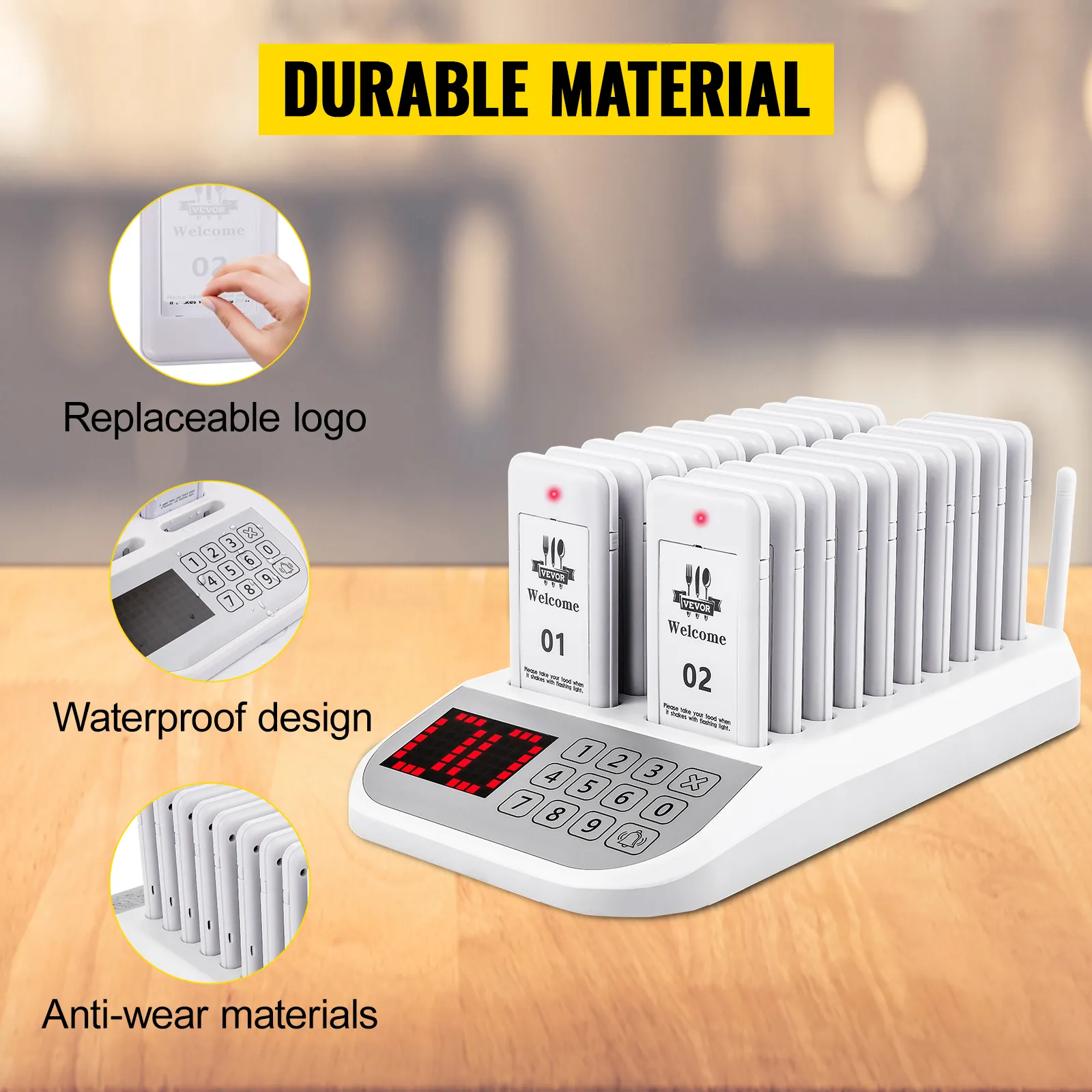 Sistema de buscapersonas para restaurantes VEVOR con logotipo reemplazable, diseño resistente al agua y materiales antidesgaste