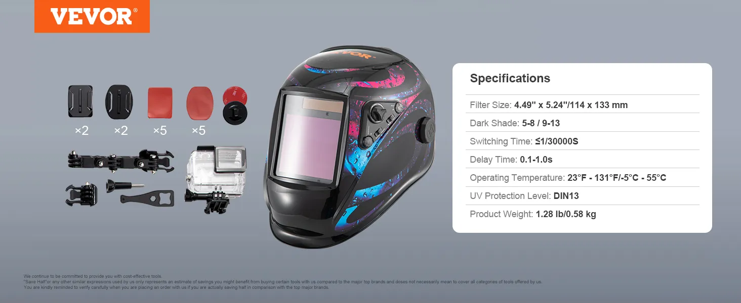 Casco de soldadura con oscurecimiento automático VEVOR con accesorios, especificaciones: tamaño del filtro, tono oscuro, tiempo de conmutación.