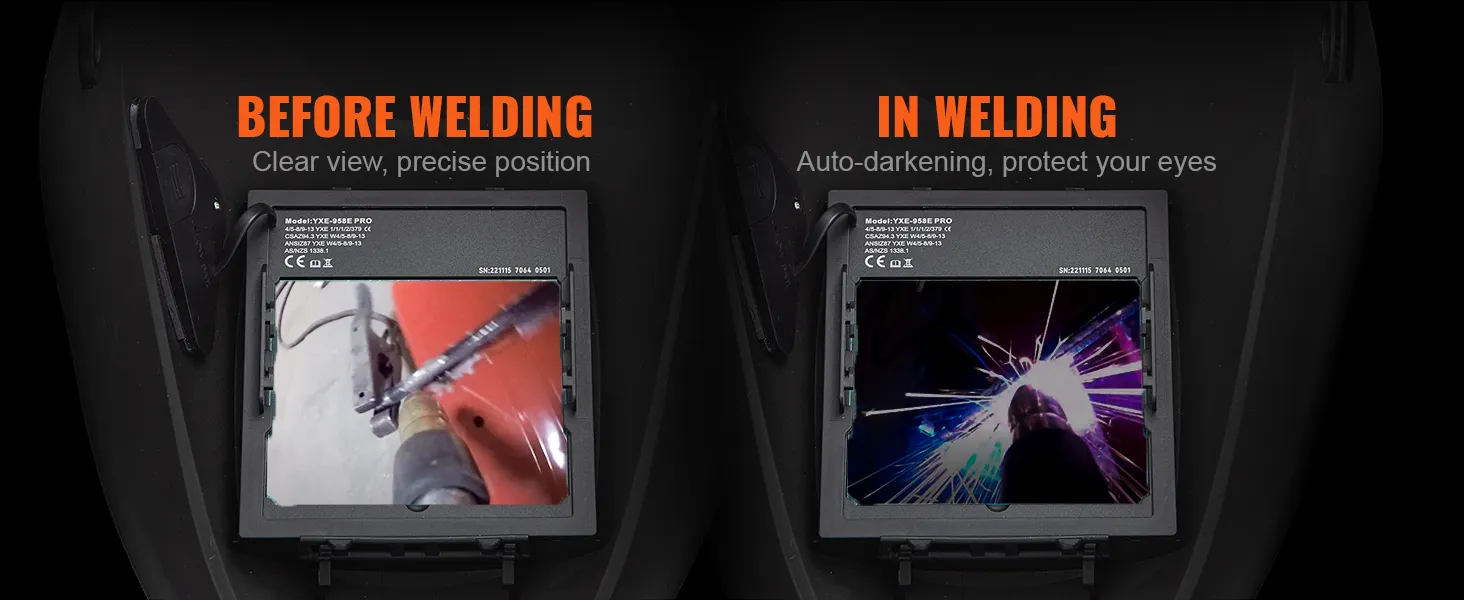 Casco de soldadura con oscurecimiento automático VEVOR que muestra una visión clara antes de soldar y oscurecimiento automático durante la soldadura.