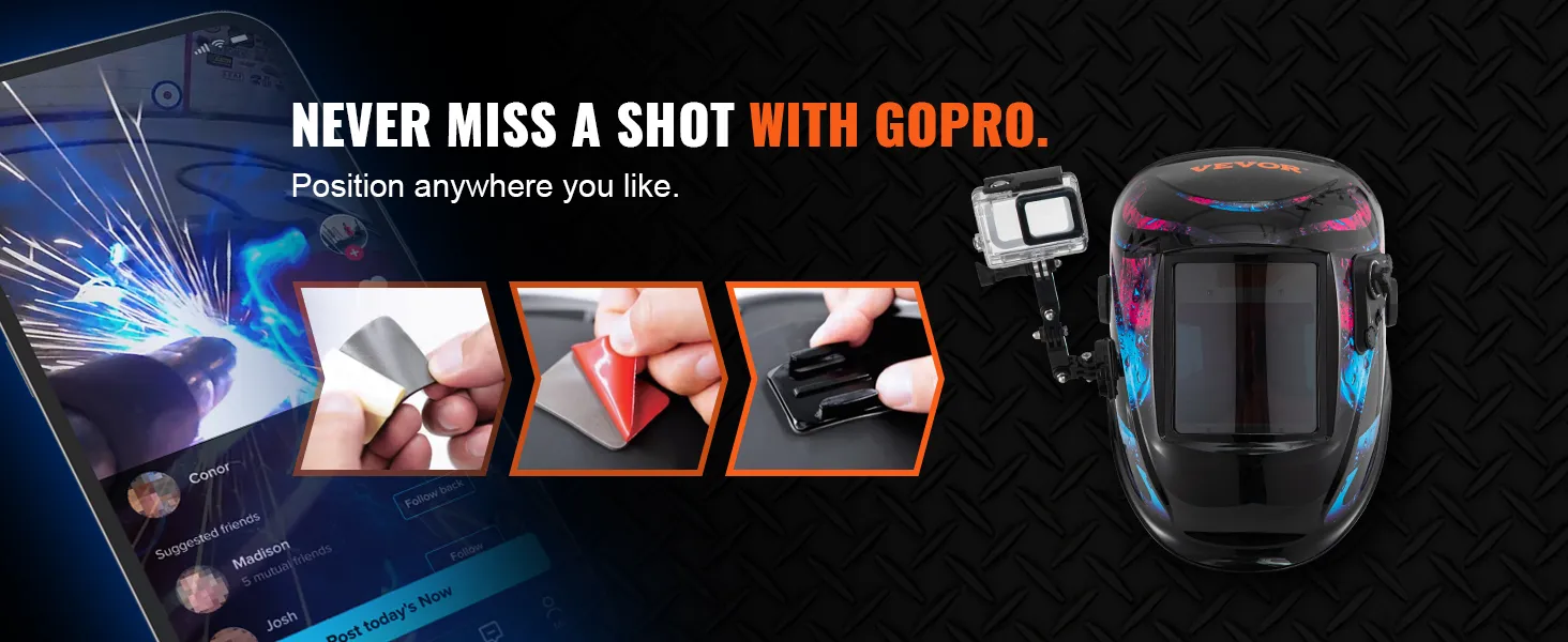 Casco de soldadura con oscurecimiento automático VEVOR con soporte para GoPro, que muestra sencillos pasos de instalación.