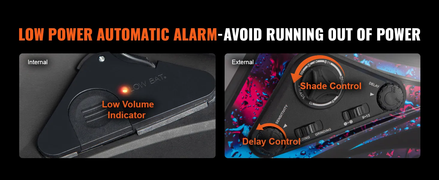 Alarma automática de bajo consumo, indicador de volumen bajo, control de retardo, control de sombra en el casco de soldadura con oscurecimiento automático VEVOR