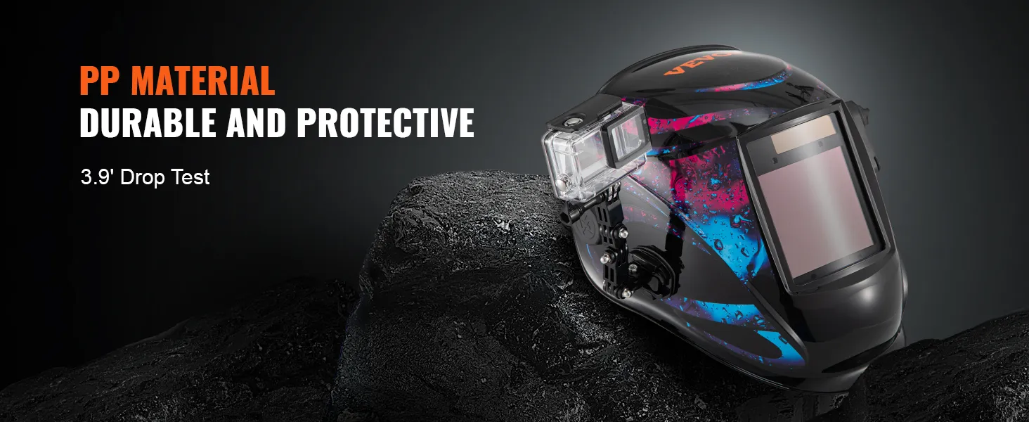 Casco de soldadura con oscurecimiento automático VEVOR hecho de material pp, duradero y protector, pasa la prueba de caída de 3.9 '.
