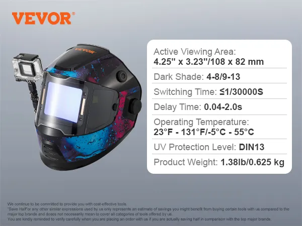 VEVOR welding helmet with accessories and detailed specifications on a grey background.