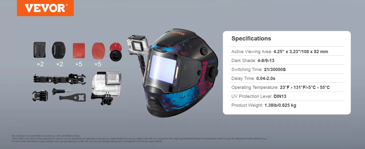 VEVOR welding helmet with accessories and detailed specifications on a grey background.