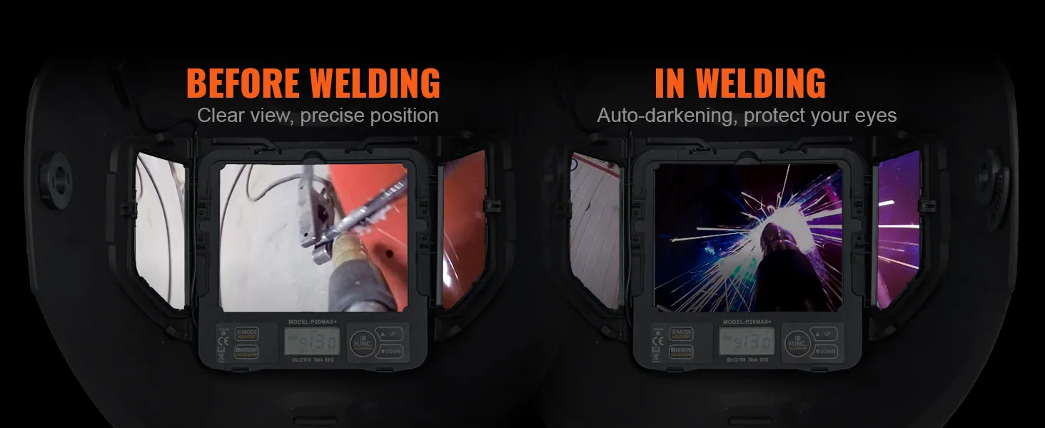 VEVOR welding helmet showcasing clear view before welding and auto-darkening during welding.
