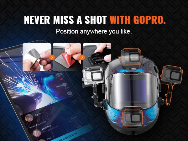 VEVOR welding helmet with a mounted gopro, showcasing hands positioning adhesive mounts.