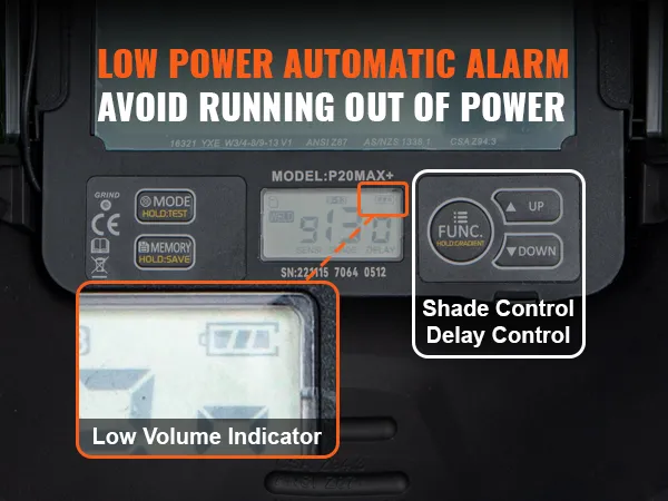 VEVOR welding helmet display with low power alarm, shade, delay control, and low volume indicator.
