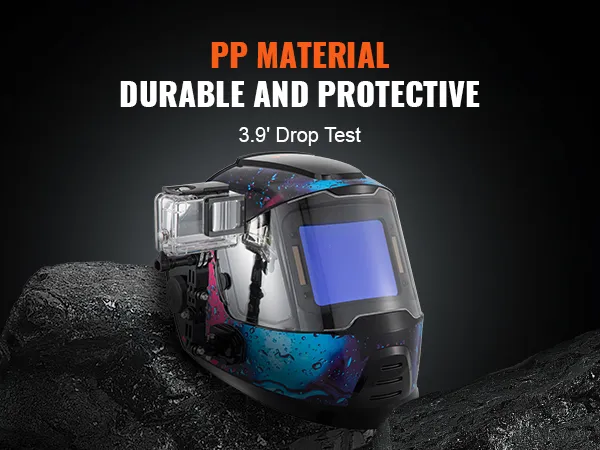 VEVOR welding helmet with pp material, durable and protective, passing a 3.9' drop test.
