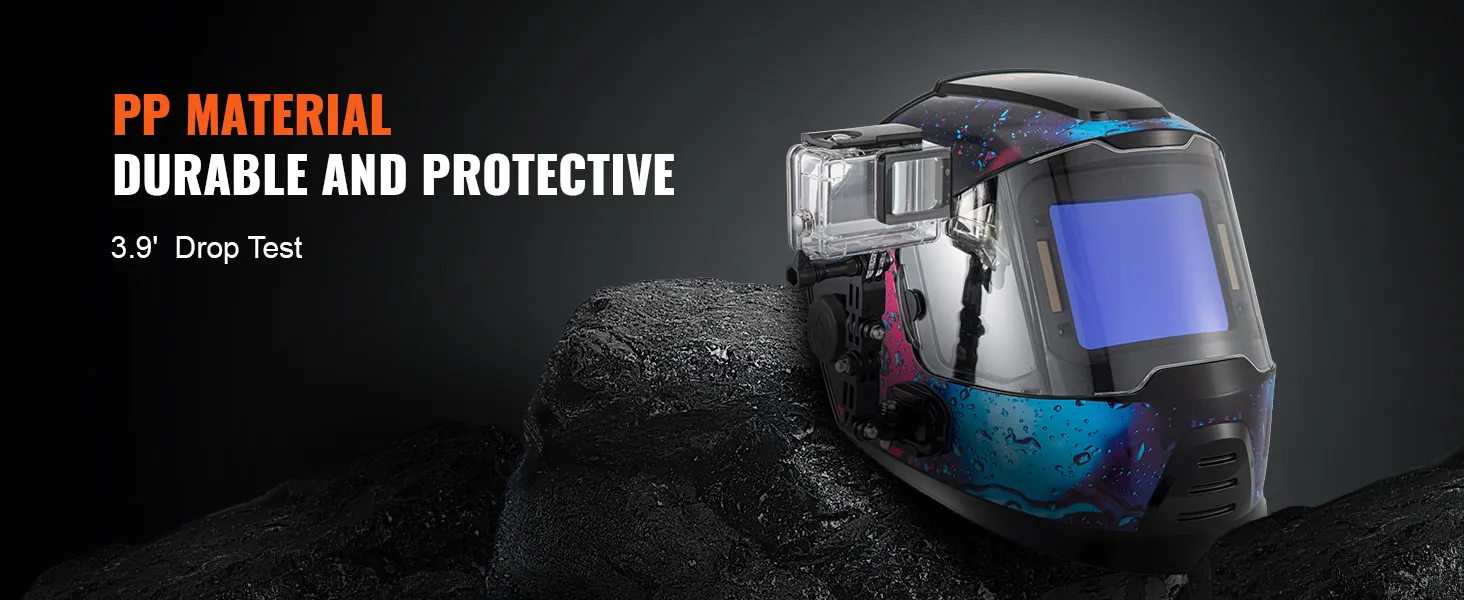 VEVOR welding helmet with pp material, durable and protective, passing a 3.9' drop test.