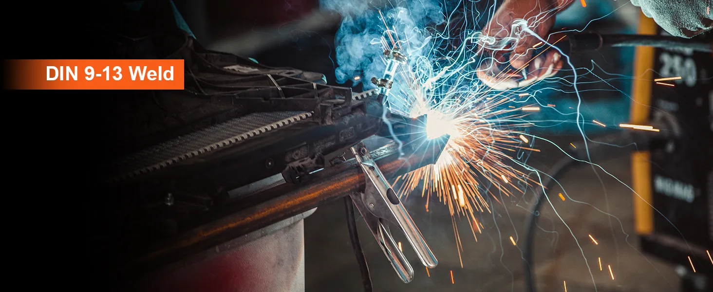 welding with sparks flying, showcasing a VEVOR welding helmet with din 9-13 weld settings visible.